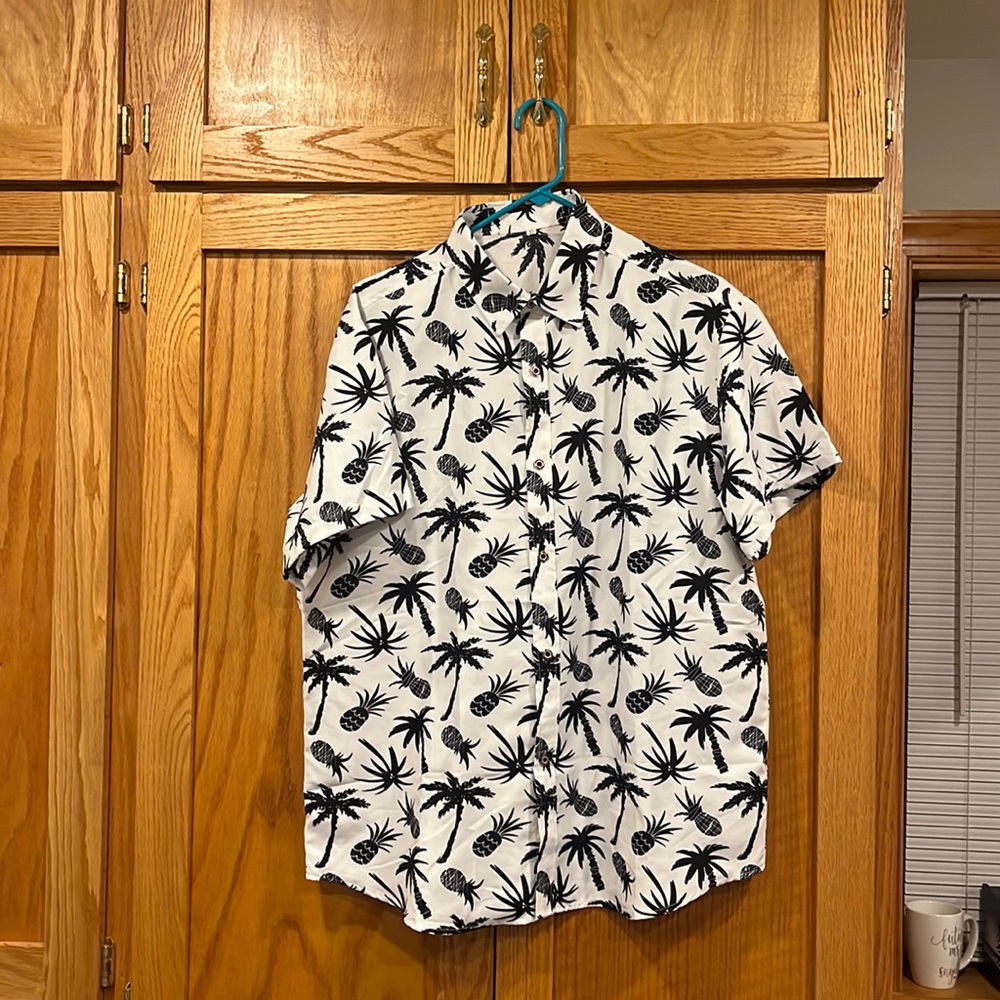 Shein White and Black Pineapple and Palm Tree Button Down
